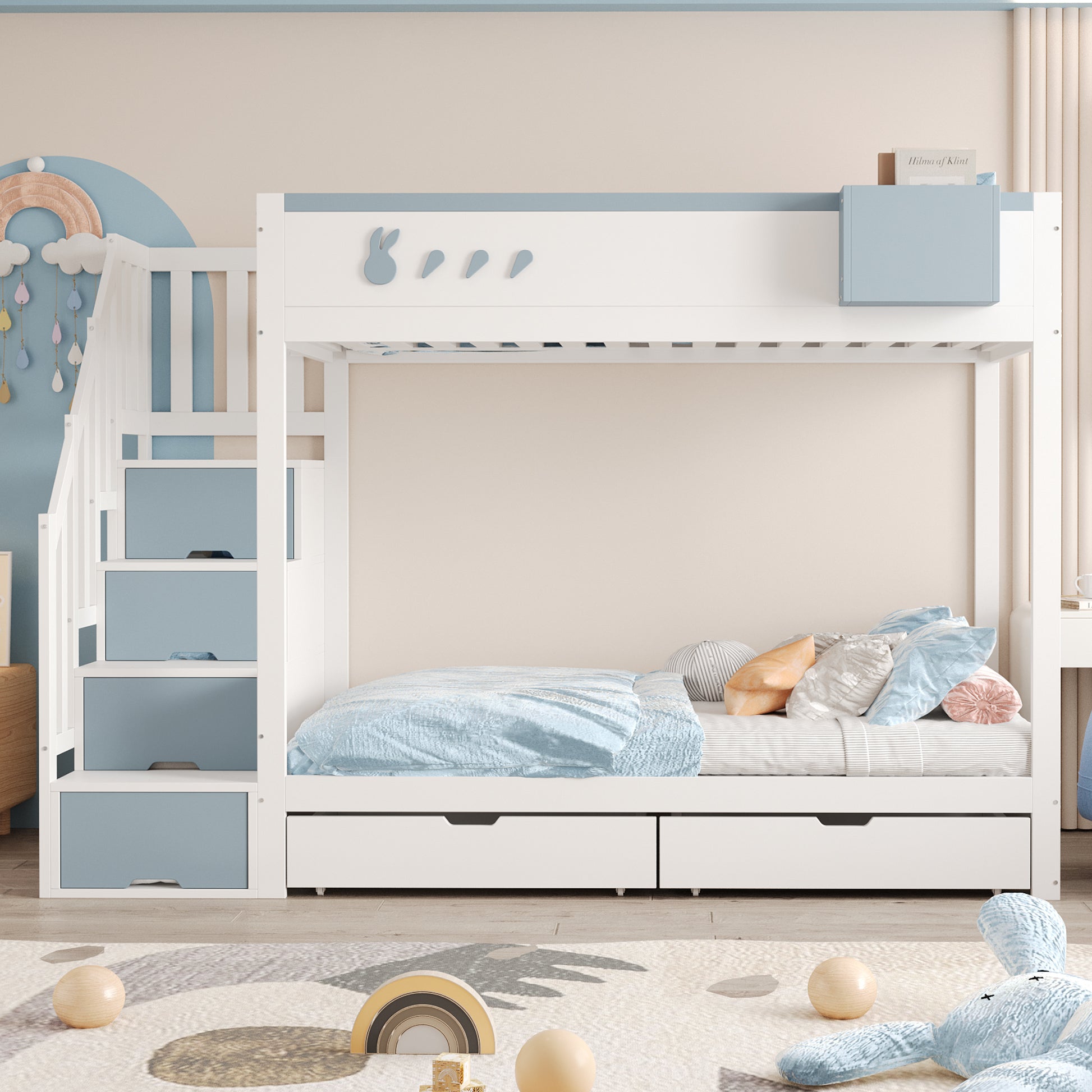 Gigab2b original image - Etagenbett Kinderbett 90*200 cm, Mit Kaninchen- und Karottenmotiven, Abnehmbarem Ablagefach, Sicherer Aufbewahrungsleiter, Schubladen, Lattenrost, Doppelbett, Weiß + Blau