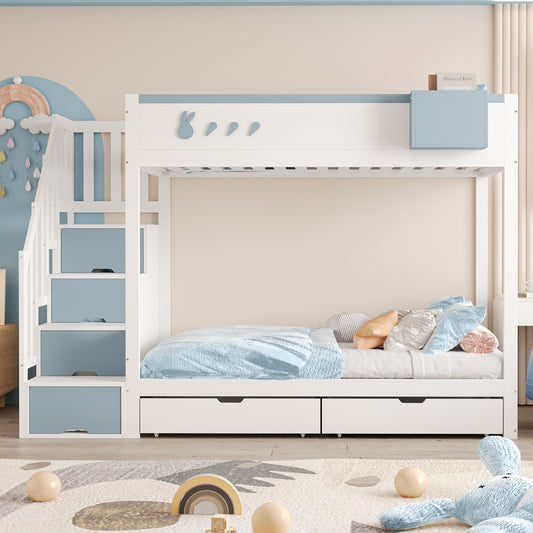 Gigab2b original image - Etagenbett Kinderbett 90*200 cm, Mit Kaninchen- und Karottenmotiven, Abnehmbarem Ablagefach, Sicherer Aufbewahrungsleiter, Schubladen, Lattenrost, Doppelbett, Weiß + Blau