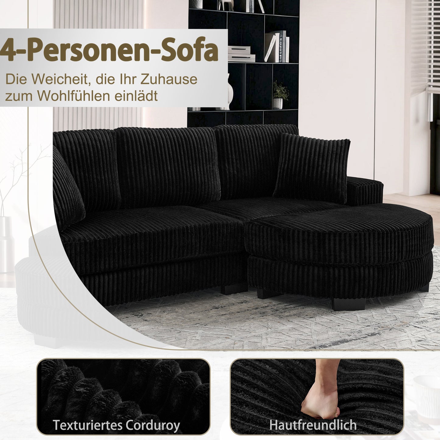 L-formiges Ecksofa 4-Sitzer Sofa, 256 5 x 133 , Klassisches Corduroy, Modulares Design mit Ovalem Hocker, 2