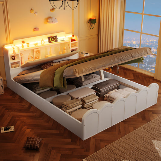 Gigab2b original image - Paneelbett , 140x200cm, Hydraulische ,Mit USB Typ-C Ladefunktion,LED-Beleuchtung, Drucktaste/Appdienung, Ohne Matratze,Flip-Top-Aufbewahrungsfach, Multifunktionale Aufbewahrung, Weiß