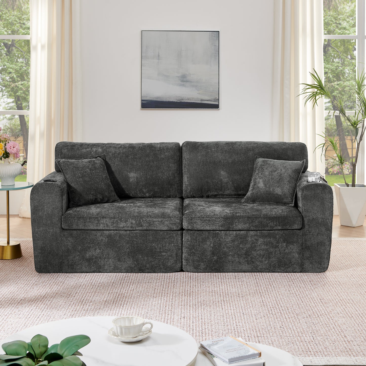 2-Sitzer-Relaxsofa für kleine Räume,aus weichem Chenille-Stoff,ausgestattet mit seitlicher Magazintasche,Getränkehalter und Kissen,geeignet für Wohnzimmer,Arbeitszimmer,Gästezimmer und Wohnungen,Black