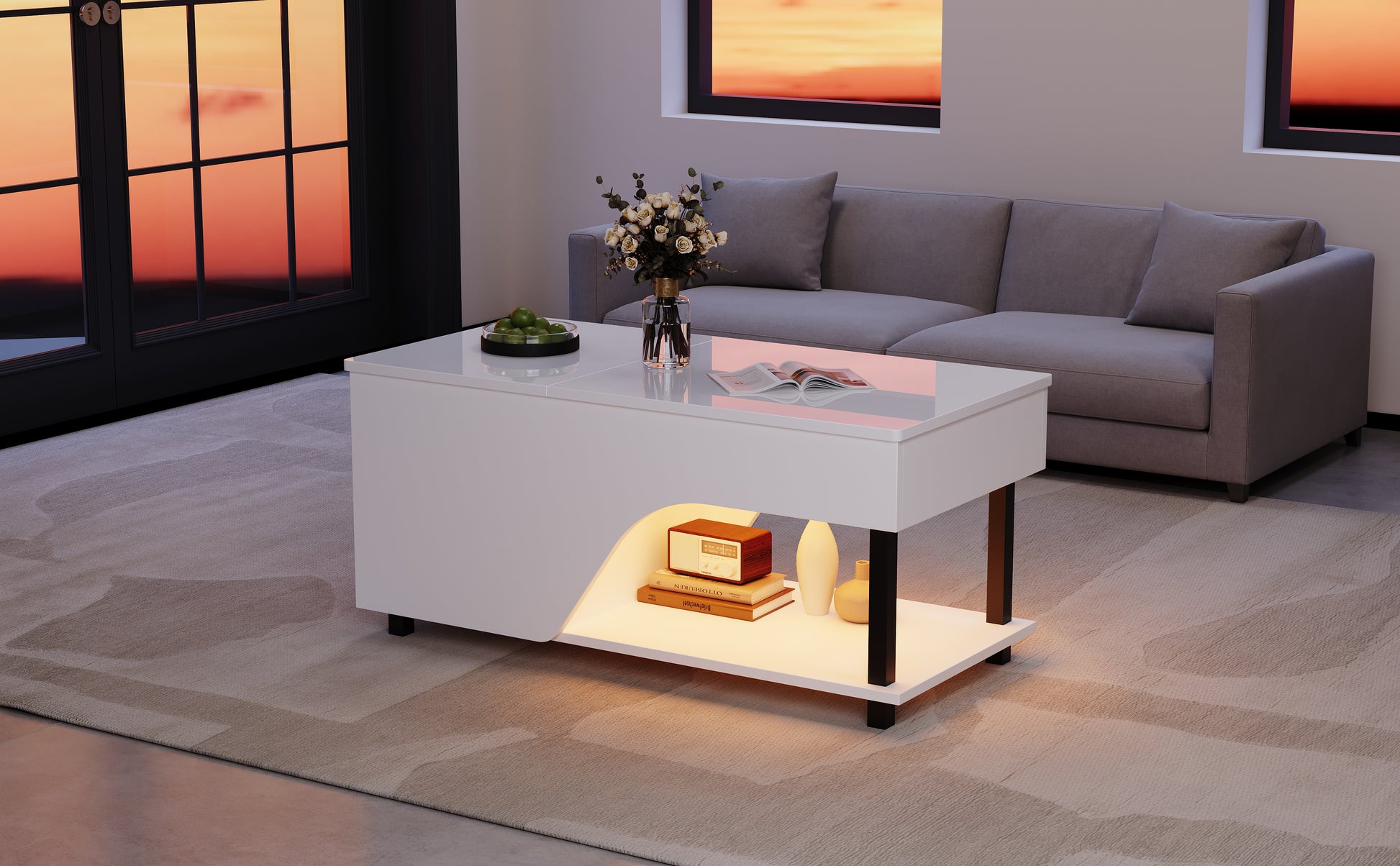 50 x 100 x 46 cm höhenverstellbarer Wohnzimmer-Couchtisch,Beistelltisch mit verstecktem Stauraum,Durchbrochener kaffetisch,Hochglänzender LED-Sofatisch,Teetisch mit seitlicher Ablage,Weiß