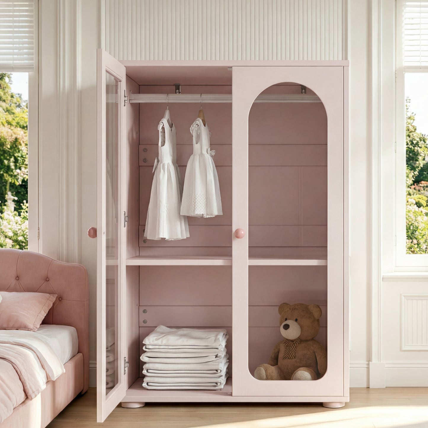 2-türiger Kleiderschrank, Lackkleiderschrank, Schlafzimmer-Aufbewahrungsschrank, Kinderkleiderschrank, mit Kleiderstange, Acryl-Transparenttüren, Keramikgriffen, Babyrosa, 80×50×120 cm