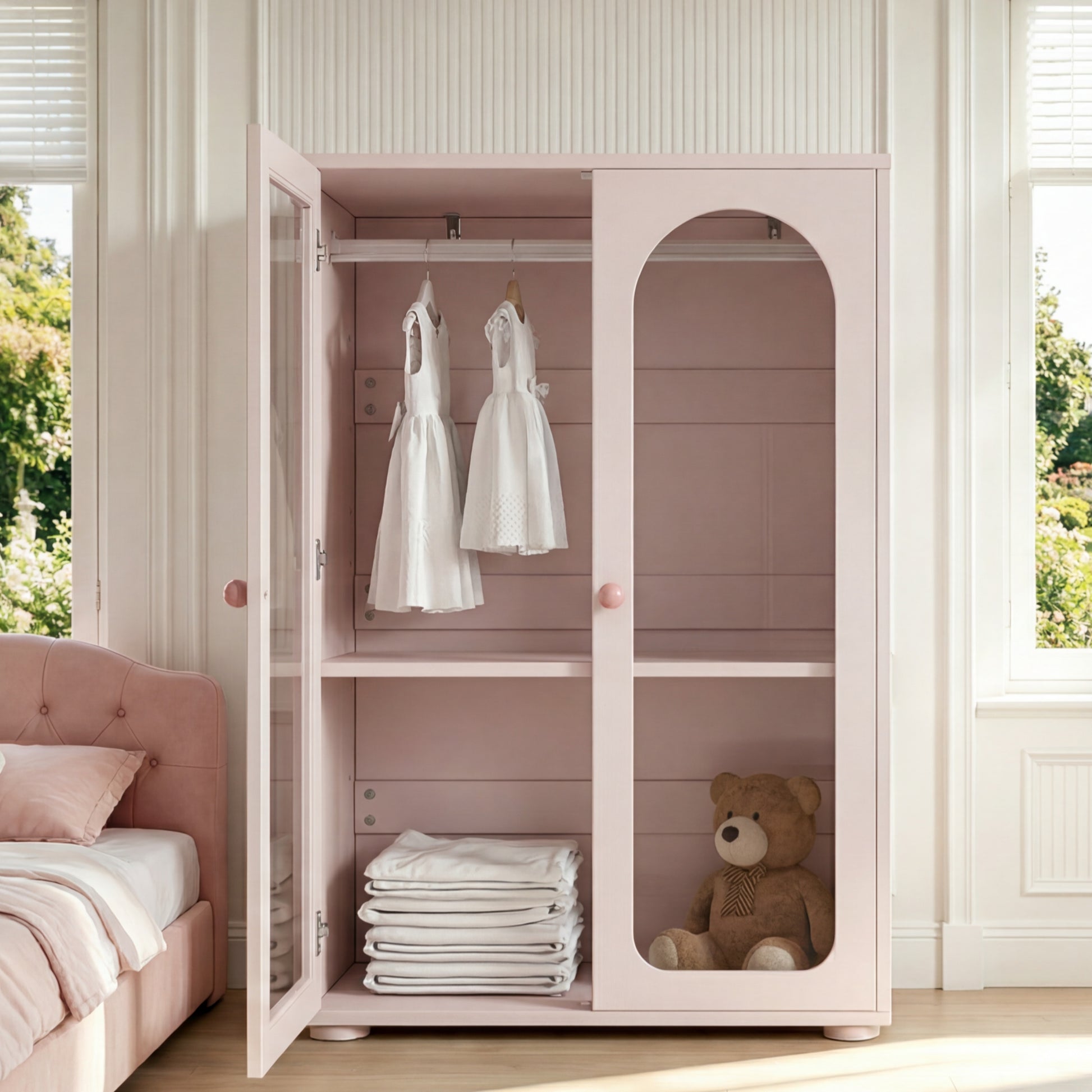 2-türiger Kleiderschrank, Lackkleiderschrank, Schlafzimmer-Aufbewahrungsschrank, Kinderkleiderschrank, mit Kleiderstange, Acryl-Transparenttüren, Keramikgriffen, Babyrosa, 80×50×120 cm
