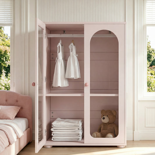 2-türiger Kleiderschrank, Lackkleiderschrank, Schlafzimmer-Aufbewahrungsschrank, Kinderkleiderschrank, mit Kleiderstange, Acryl-Transparenttüren, Keramikgriffen, Babyrosa, 80×50×120 cm