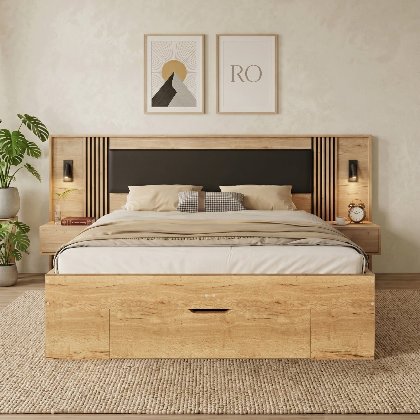 Doppelbett 180 200cm, Stauraumbett, holzbett, Jugendbett, mit Leselampe, mit 2 Nachttische, mit Schubladen,