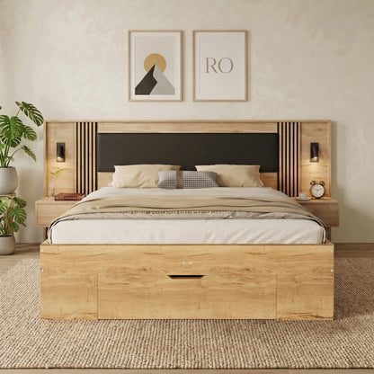 Doppelbett 180 200cm, Stauraumbett, holzbett, Jugendbett, mit Leselampe, mit 2 Nachttische, mit Schubladen,