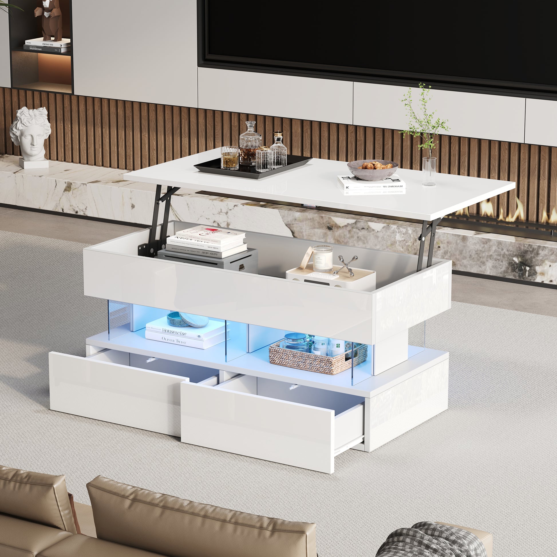 100 x 50 x 46 cm Anhebbarer CouchtischSofatisch mit höhenverstellbarer Tischplatte und verstecktem Stauraum,Hochglanz-Beistelltisch mit LED,kaffeetisch mit 2 Schubladen,Weiß,MDF + Acryl