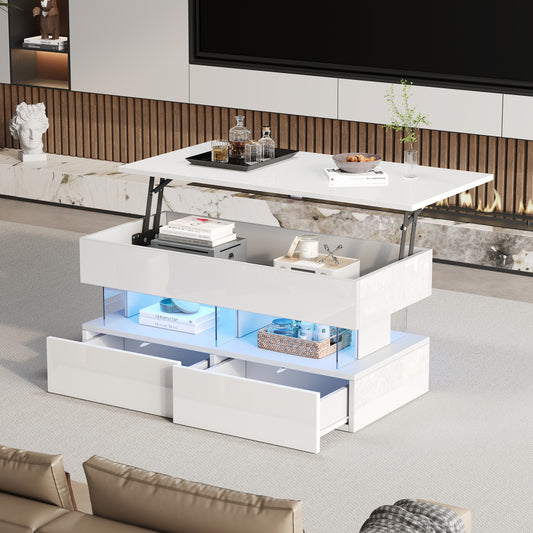 100 x 50 x 46 cm Anhebbarer CouchtischSofatisch mit höhenverstellbarer Tischplatte und verstecktem Stauraum,Hochglanz-Beistelltisch mit LED,kaffeetisch mit 2 Schubladen,Weiß,MDF + Acryl