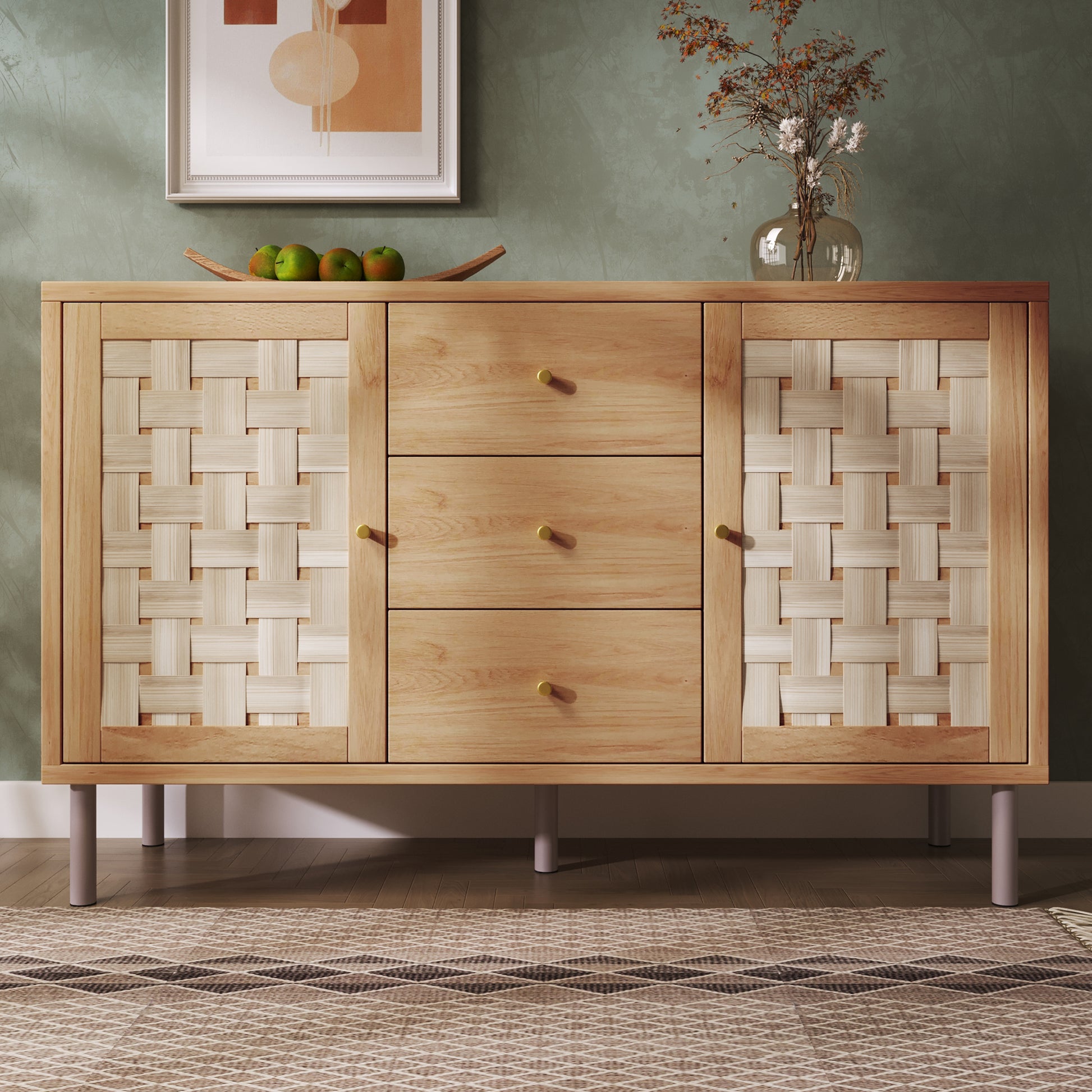 Gigab2b original image - Landhaus-Kommode 120x40x75 cm, eichefarben, mit 2 Türen, 3 Schubladen, höhenverstellbare Einlegeböden, Metallbeine, Kippsicherung, Sideboard für Wohnzimmer, Flur, Küche.