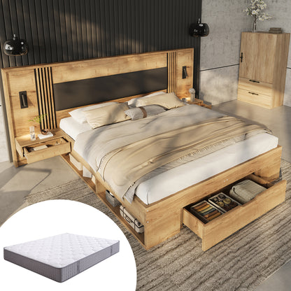 Gigab2b original image - Doppelbett 180*200cm, Stauraumbett, holzbett, Jugendbett, mit Leselampe, mit 2 Nachttische, mit Schubladen, Inklusive Matratze, Naturfarbe