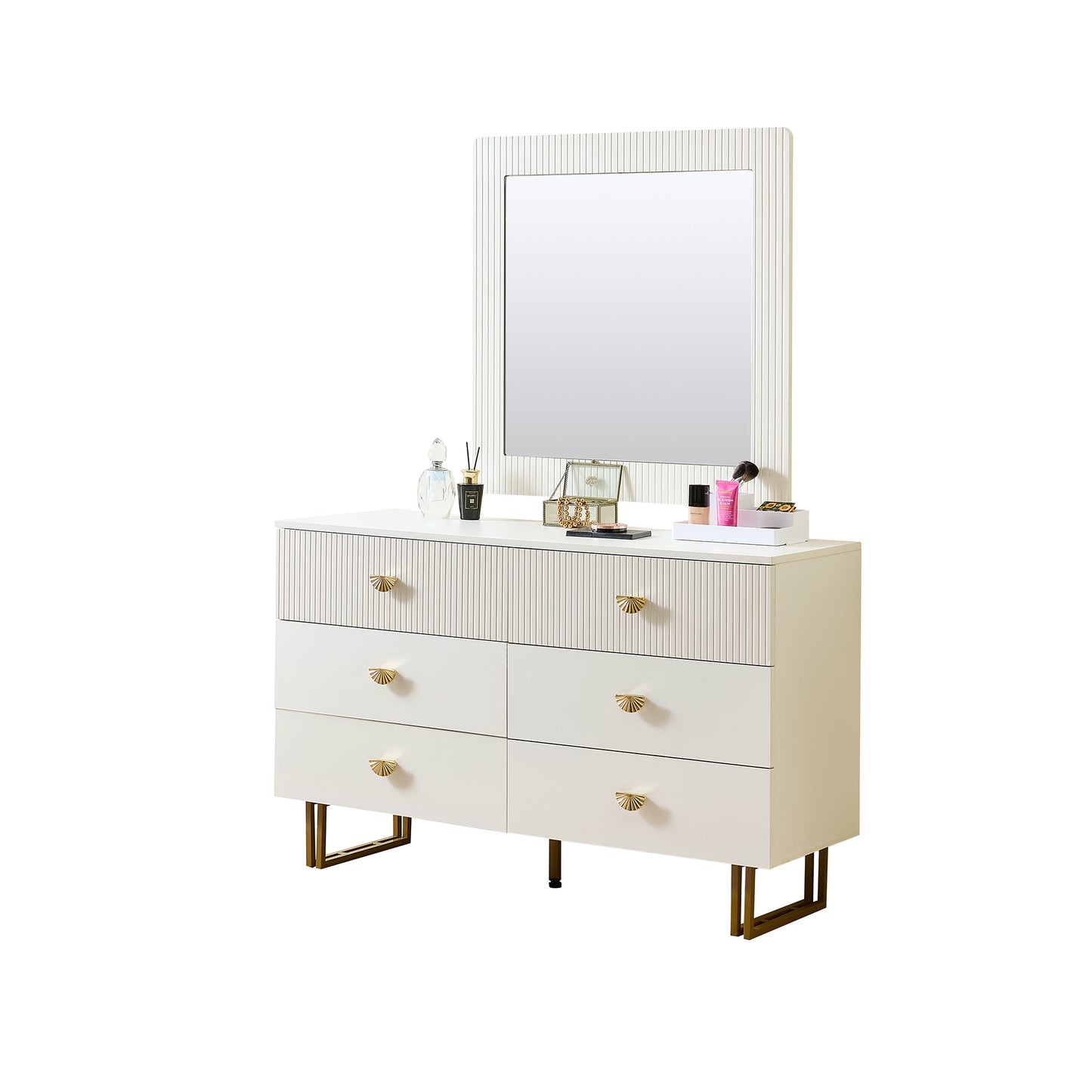 Gigab2b original image - Modernes Sideboard- und Spiegel-Set in Weiß – Elegante Kombination aus 6-Schubladen-Kommode mit goldenen Akzenten & quadratischem Wandspiegel 80x80 cm – Perfekt für Flur, Schlafzimmer und Wohnzimmer