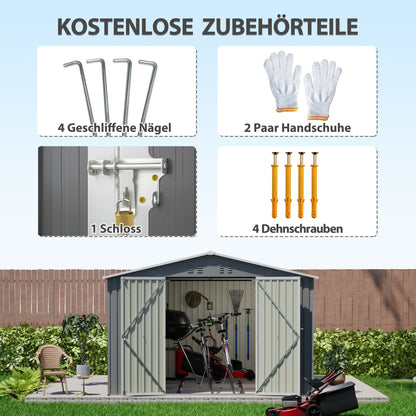 10'x10' Metal Storage Shed with Floor Frame, Heavy Duty Steel Garden Shed, Lockable Doors & Weather Resistant for Backyard Patio Lawn – Grey