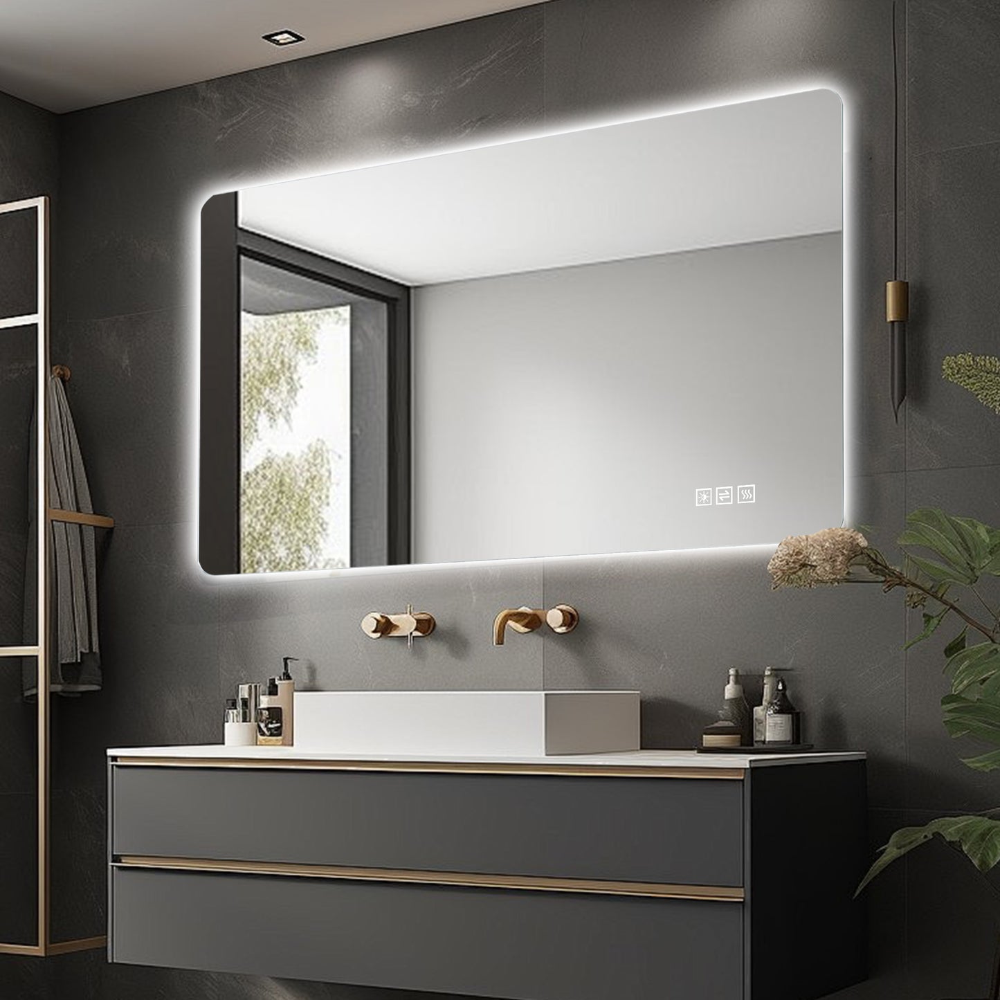 60 x 100cm LED Badezimmerspiegel mit Hintergrundbeleuchtung, Anti-Beschlag, 3 Lichtfarben, Stufenlos Dimmbar, Memory-Funktion, IP44 Wasserdicht, Horizontal & Vertikal Montierbar