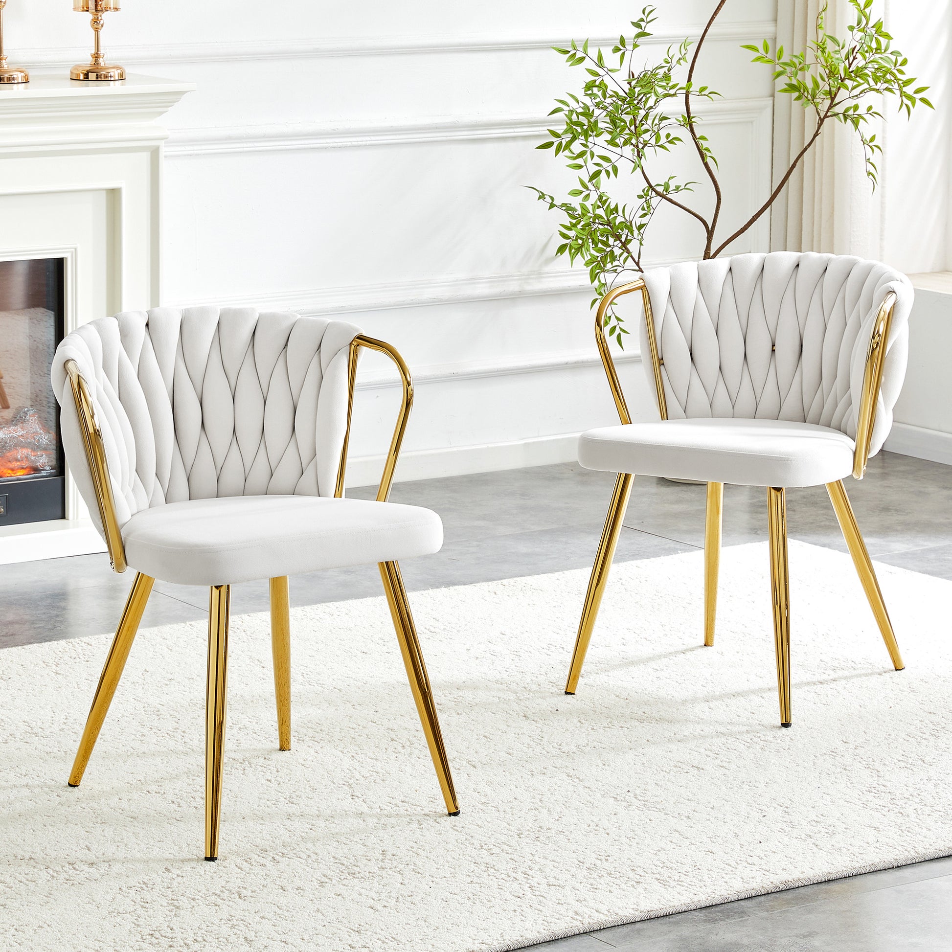 Gigab2b original image - Esszimmerstuhl mit Samtbezug, Moderner Polsterstuhl mit Geflochtenem Rückenlehne & Goldenen Metallbeinen, Ergonomischer Sessel für Esszimmer, Wohnzimmer & Küche, Creme-Gold