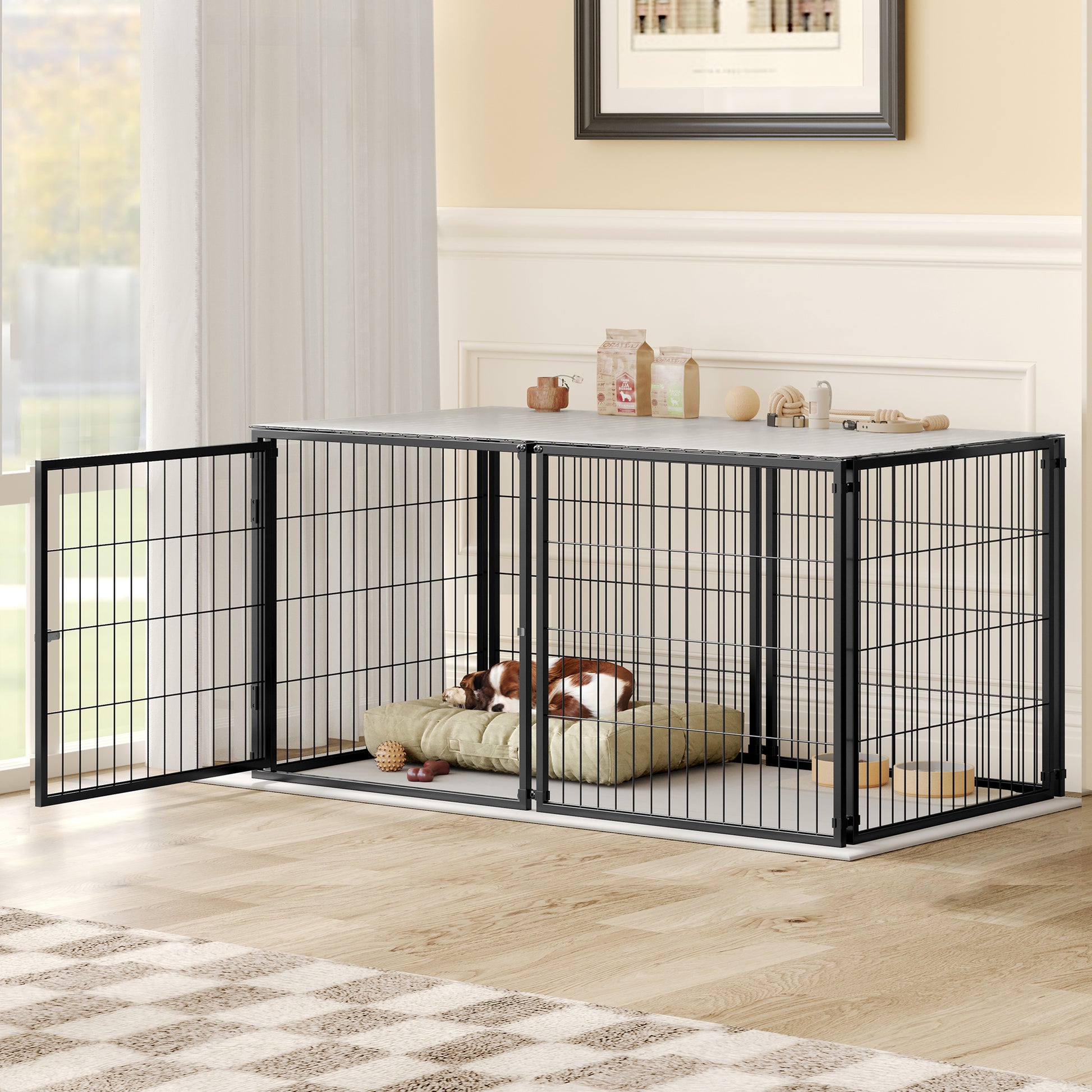 Basics Modulare Hundebox 120x60x60 cm, Flexibler Hunde-Käfig mit Sicherheitsdeckel & Verstellbarer Tür, Aus Stahl mit Rostschutz, inkl. PVC-Auflage, Schwarz