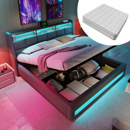 Gigab2b original image - Polsterbett mit USB 140x200cm,LED Doppelbett  mit Lattenrost aus Metallrahmen,Bettgestell aus Leinenmaterial Jugendbett (Mit Matratze)