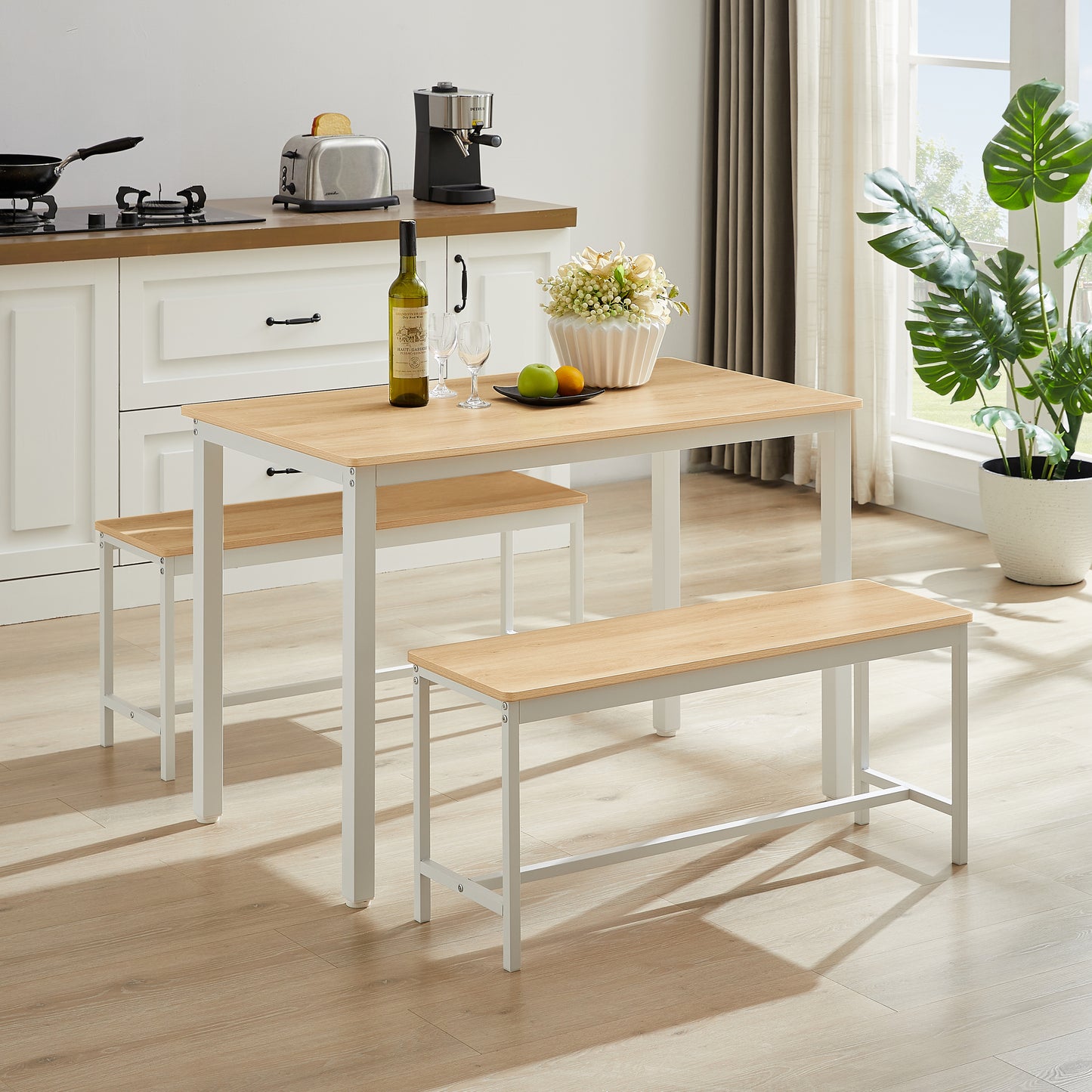 Gigab2b original image - Esstisch-Set, Bartisch mit 2 Essbänken, Küchentisch mit Stühlen, industrieller Frühstückstisch für Küche, Wohnzimmer, Partyraum, naturfarben und weiß