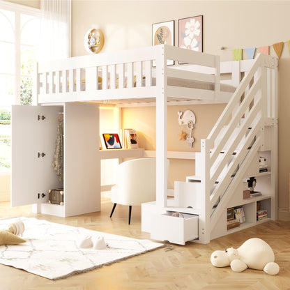 Gigab2b original image - Holzbett 140 × 200 cm, Treppe Mit Stauraum, Schreibtisch Mit Euro-Steckdose, Mehrfarbige LED-Lichtleiste, Einzelkleiderschrank, Bank Mit Stauraum, Hohes Geländer, Hochbett, Jugendbett, Weiß