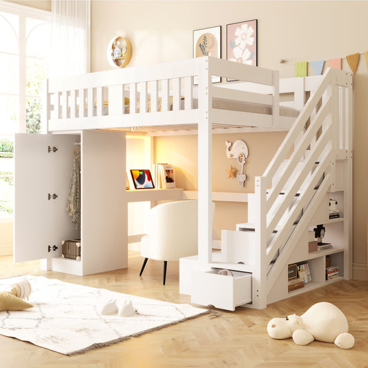 Gigab2b original image - Holzbett 140 × 200 cm, Treppe Mit Stauraum, Schreibtisch Mit Euro-Steckdose, Mehrfarbige LED-Lichtleiste, Einzelkleiderschrank, Bank Mit Stauraum, Hohes Geländer, Hochbett, Jugendbett, Weiß