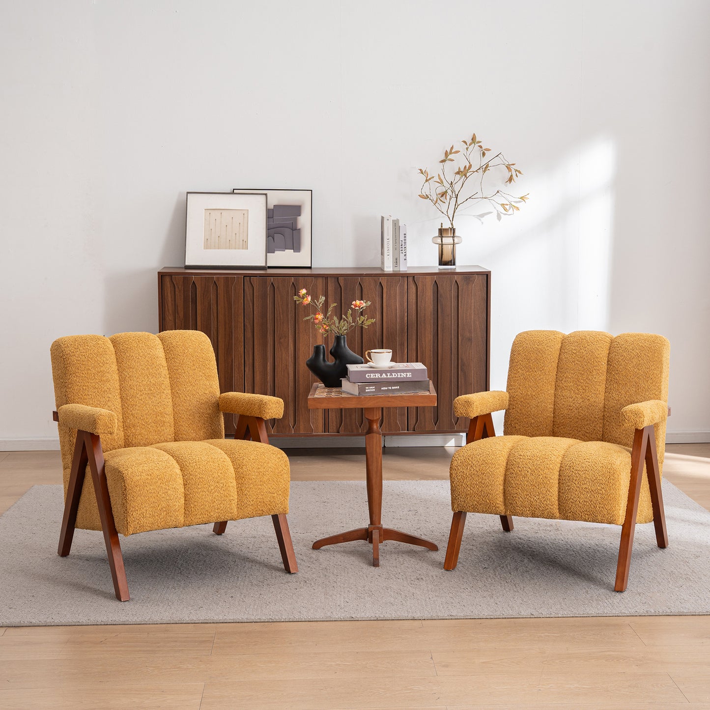 Bouclé-Sitzmöbel mit Holzrahmen, Armlehnenstuhl für Wohnzimmer, Schlafzimmer, Gelb