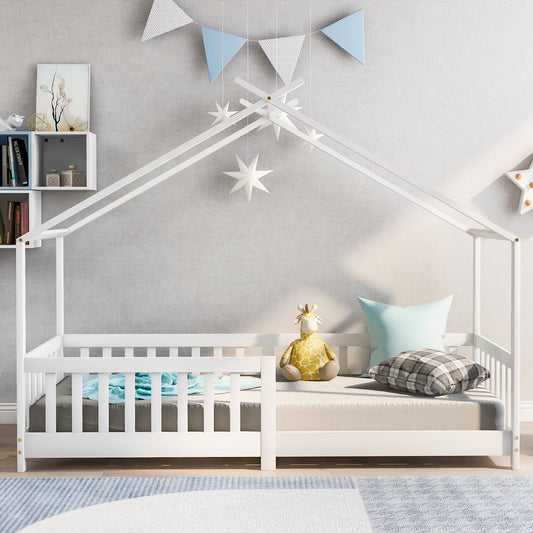 Gigab2b original image - 「Not Allowed to Sell on Germany」Schönes Hausbett Kinderbett,Vollholz mit Zaun und Lattenrost, mit Rausfallschutz für Kinder- und Jugendzimmer,Weiß (90x200cm)
