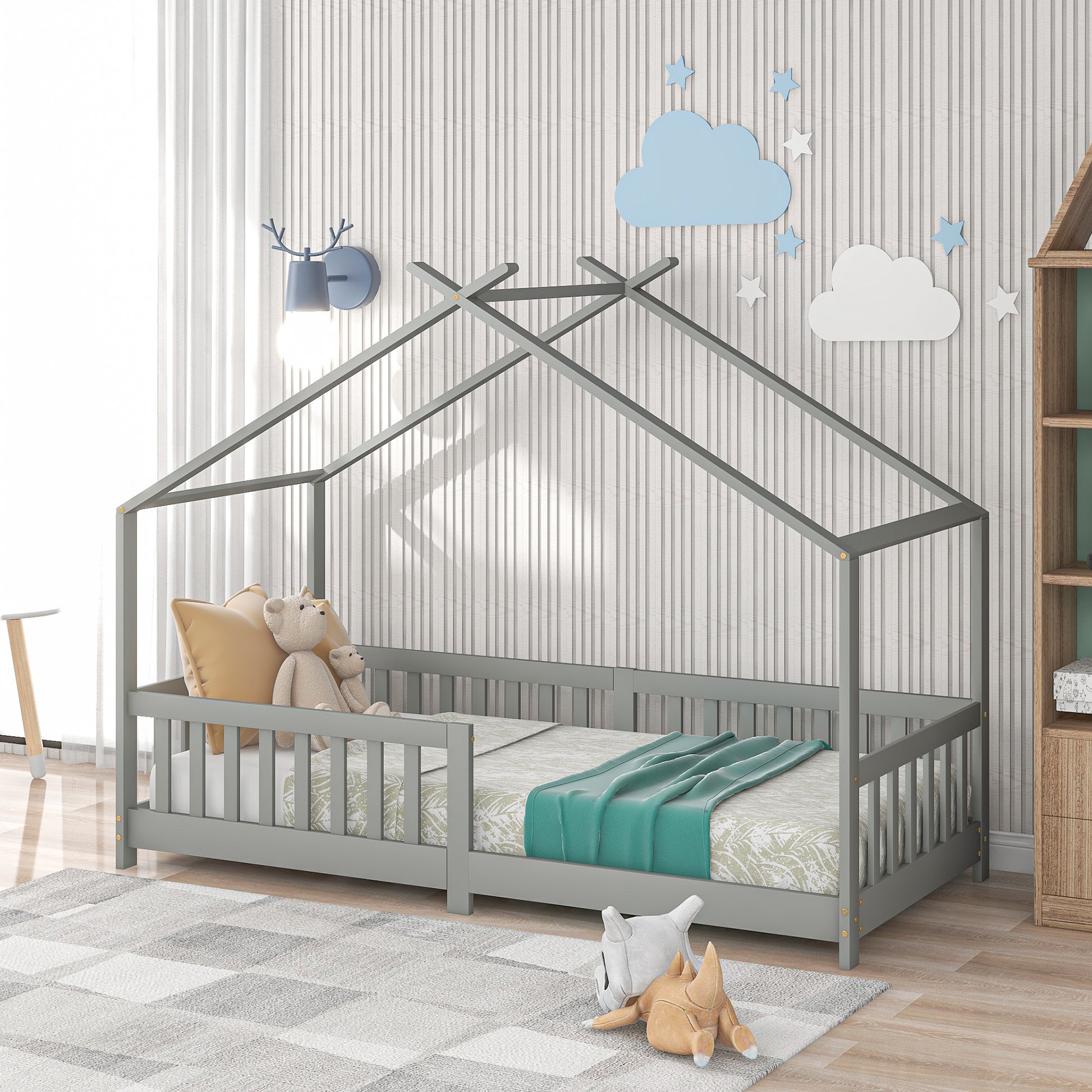 Gigab2b original image - 「Not Allowed to Sell on Germany」Schönes Hausbett Kinderbett,Vollholz mit Zaun und Lattenrost, mit Rausfallschutz für Kinder- und Jugendzimmer,grau (200x90cm)