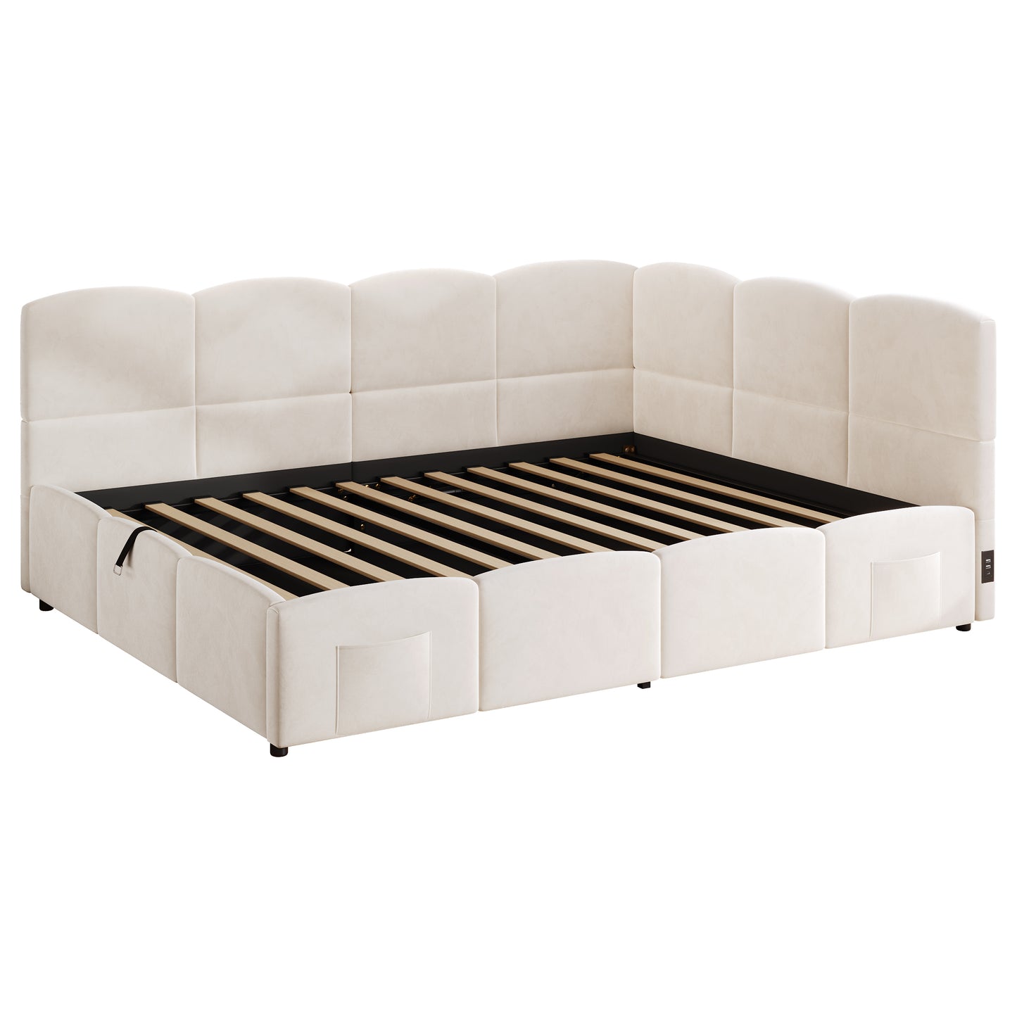 Polsterbett,Kinderbett, Daybett, Stauraumbett, Schlafsofa 140x190 cm, mit Lattenrost, USB-Ladegerät, Stautasche, Jugendbett und Erwachsenen-Kinderbett,Samt, beige (ohne Matratze)
