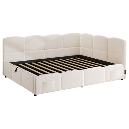 Polsterbett,Kinderbett, Daybett, Stauraumbett, Schlafsofa 140x190 cm, mit Lattenrost, USB-Ladegerät, Stautasche, Jugendbett und Erwachsenen-Kinderbett,Samt, beige (ohne Matratze)