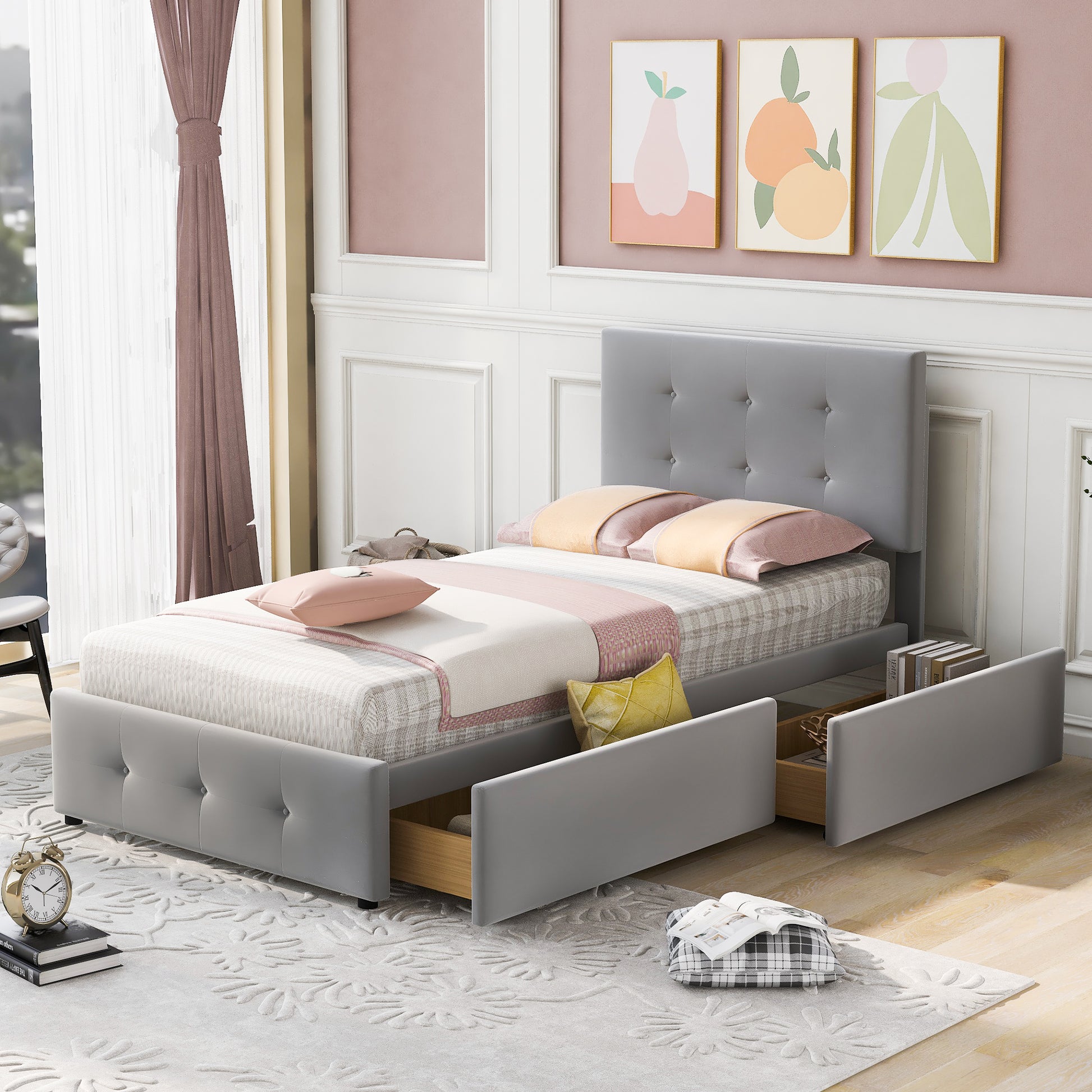 Gigab2b original image - Polsterbett 90 x 200 cm Bett mit Lattenrost, Rückenlehne und zwei Schubladen Einzelbett Höhenverstellbares Kopfteil hautfreundlicher Samtstoff Grau flach Kinderbett Jugendbett Gästebett ohne Matratze