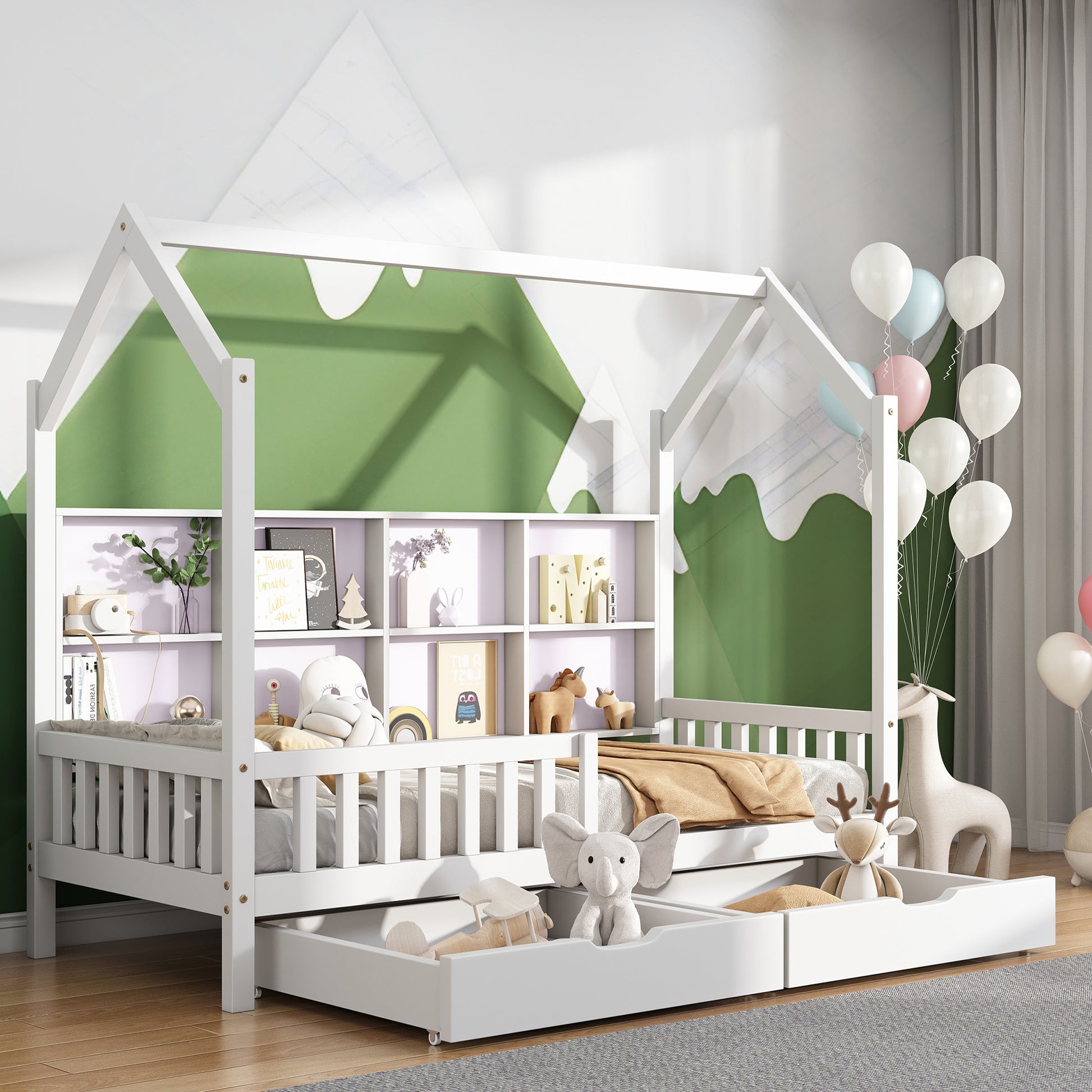 Gigab2b original image - Hausbett Kinderbett mit Mehrzweck-Bücherregal-Speichergitter-Kabinett Ablageregal und zwei großen Schubladen mit Stauraum und Kaminform 90x200 Weiß(OLD SKU:29238788AAW)