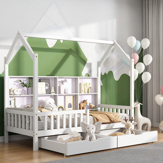Gigab2b original image - Hausbett Kinderbett mit Mehrzweck-Bücherregal-Speichergitter-Kabinett Ablageregal und zwei großen Schubladen mit Stauraum und Kaminform 90x200 Weiß(OLD SKU:29238788AAW)