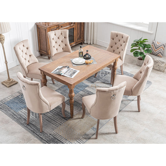 4-Fußstuhl, Stuhl Beige Samt Esszimmerstuhl,hohe Rückenlehne, mit Knopfsteppung, Gestell aus Massivholz, Beige(Set, 6 St)