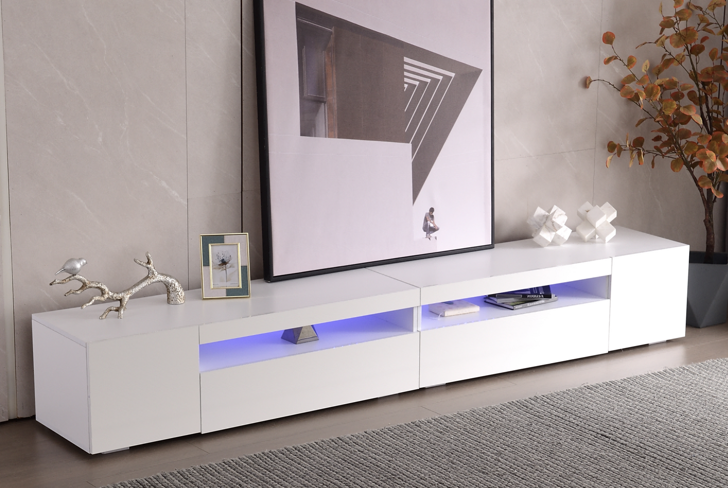 Gigab2b original image - Weißer moderner TV-Schrank, helles Panel, variable LED-Beleuchtung, Wohn- und Esszimmer 240cm  (Glänzendes Panel, nicht hochglänzend)