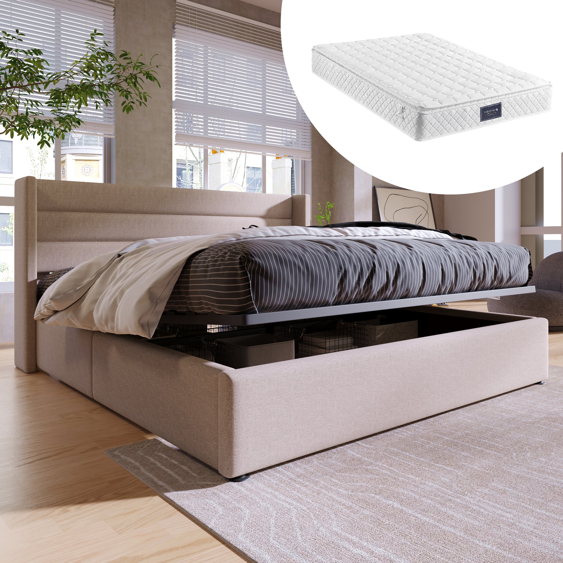 Gigab2b original image - Stauraumbett  Polsterbett Hydraulisch Doppelbett 140x200cm, Inklusive Matratze, Lattenrost aus Holz, Bett mit Lattenrost aus Metallrahmen, Leinen, Beige