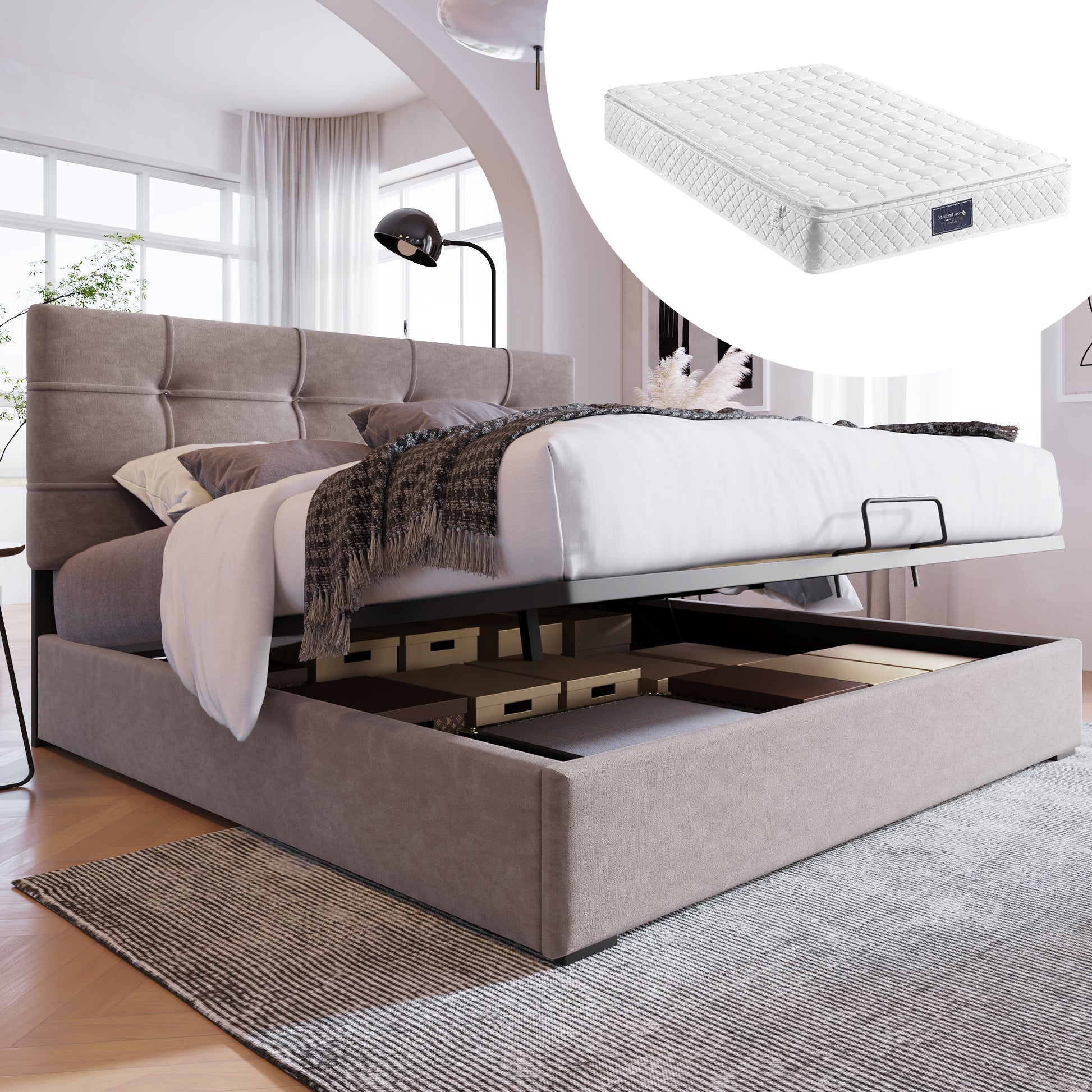 Gigab2b original image - Hydraulisch Doppelbett Polsterbett 140x200cm, Inklusive Matratze, Verstellbares Kopfteil, Bett mit Lattenrost aus Metallrahmen, Samt, Modernes Bettgestell mit Stauraum, Hellgrau