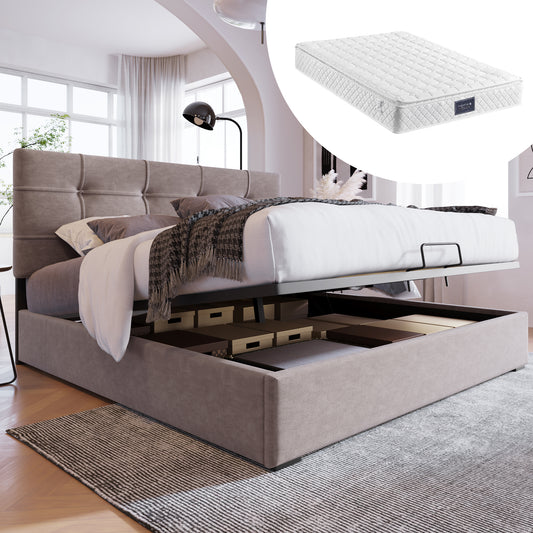 Gigab2b original image - Hydraulisch Doppelbett Polsterbett 140x200cm, Inklusive Matratze, Verstellbares Kopfteil, Bett mit Lattenrost aus Metallrahmen, Samt, Modernes Bettgestell mit Stauraum, Hellgrau