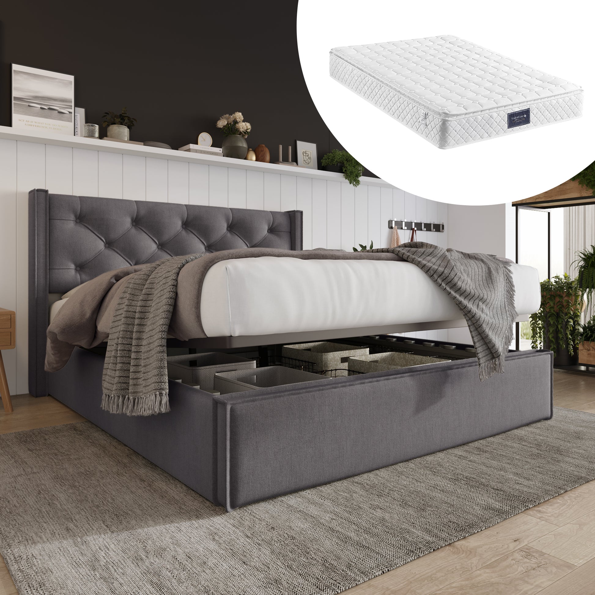 Gigab2b original image - Hydraulisch Doppelbett Polsterbett 140x200cm,Bett mit Lattenrost aus Metallrahmen, Modernes Bettgestell mit Stauraum, Baumwolle, Grau(Mit Matratze)