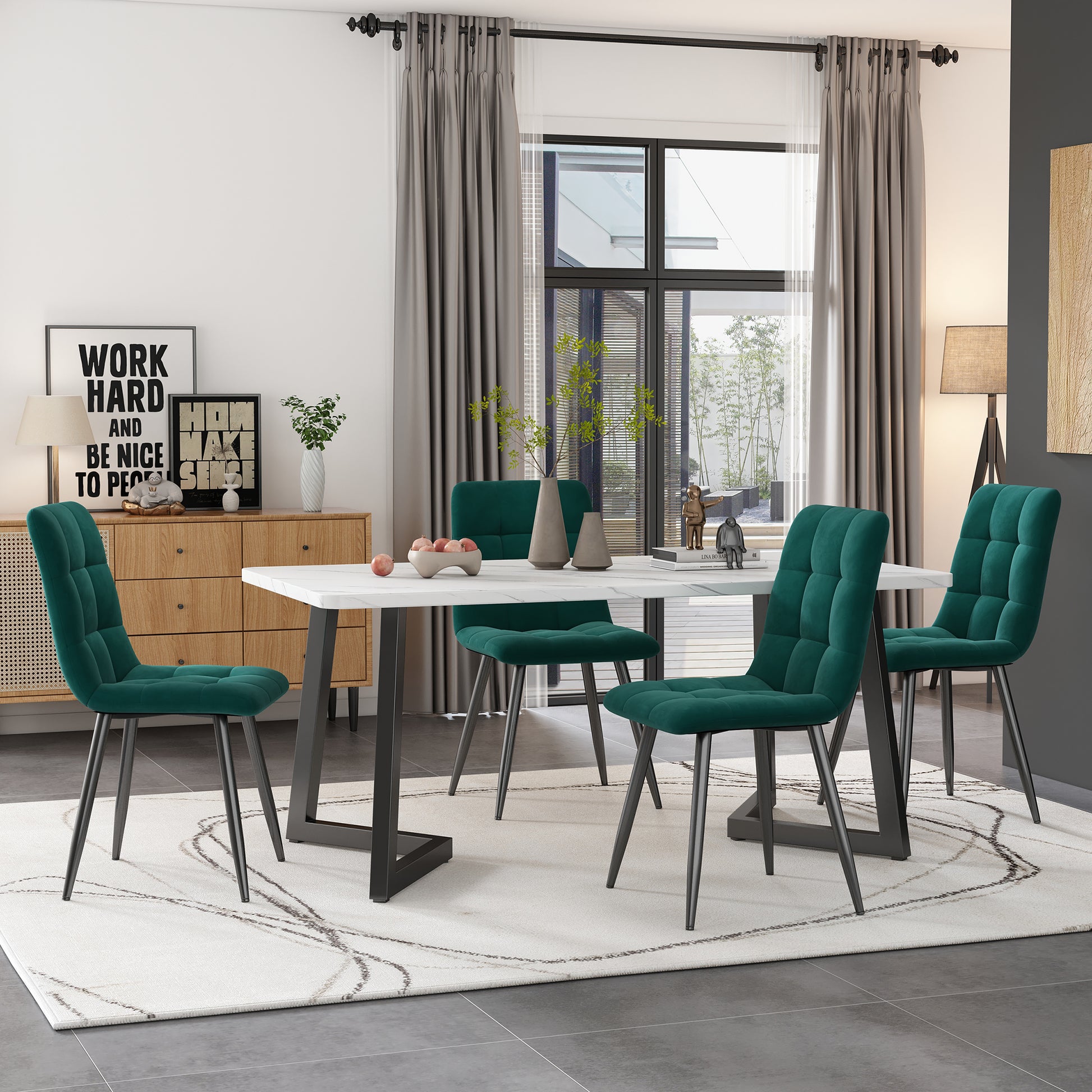 117cm Esstisch mit 4 Stühlen Set, Rechteckiger Esstisch  Moderner Küchentisch Set ,Esszimmerstuhl Dunkelgrün Samt Küchenstuhl,Schwarze Tischbeine