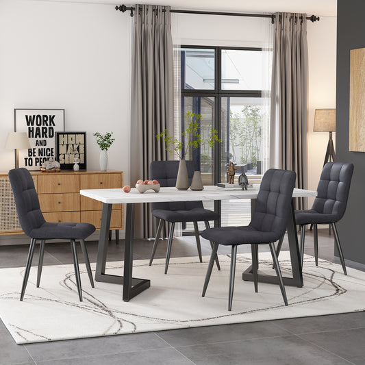 117cm Esstisch mit 4 Stühlen Set, Rechteckiger Esstisch  Moderner Küchentisch Set ,Dunkelgrauer Leinen Esszimmerstuhl,Schwarze Tischbeine