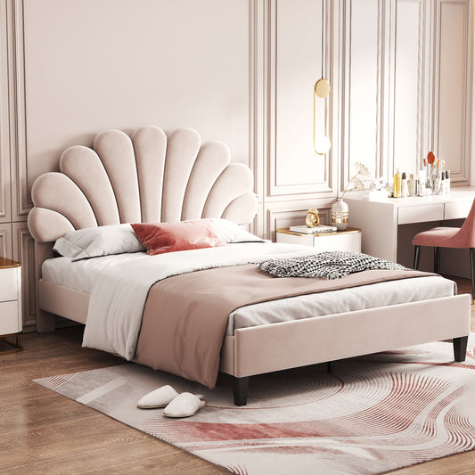 Gigab2b original image - Polsterbett Doppelbett 140 x 200 cm, Bettrahmen mit blumenförmigem Kopfteil und Lattenrost, Erwachsenen-Jugendbett in hautfreundlichem Samtstoff, Gästebett Beige