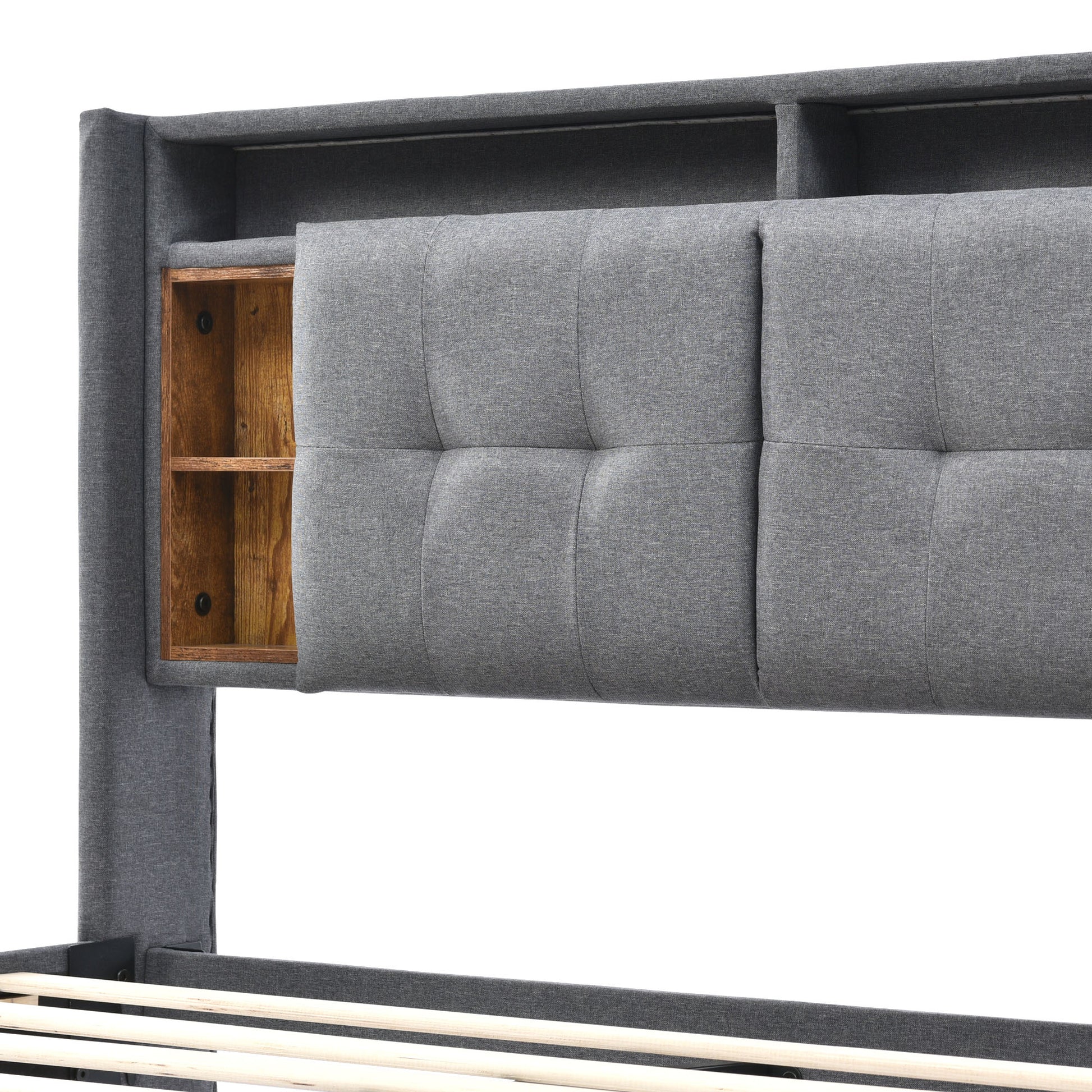(=067980AAG)Polsterbett Doppelbett Stauraum-Kopfteil Bett mit aufladen USB und LED-Beleuchtung Bettgestell  Lattenrost aus Holz,160*200CM Grau(Ohne Matratze)