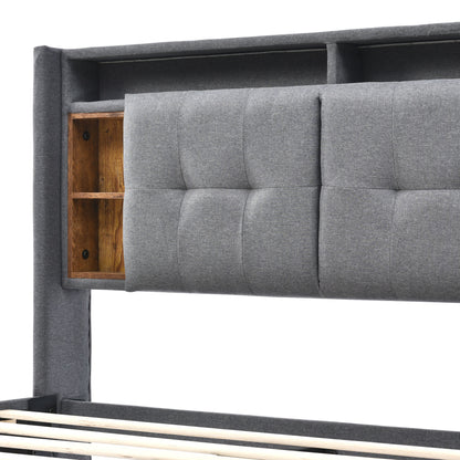 (=067980AAG)Polsterbett Doppelbett Stauraum-Kopfteil Bett mit aufladen USB und LED-Beleuchtung Bettgestell  Lattenrost aus Holz,160*200CM Grau(Ohne Matratze)