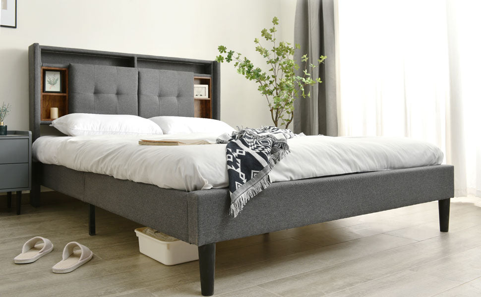 (=067980AAG)Polsterbett Doppelbett Stauraum-Kopfteil Bett mit aufladen USB und LED-Beleuchtung Bettgestell  Lattenrost aus Holz,160*200CM Grau(Ohne Matratze)
