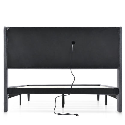 (=067980AAG)Polsterbett Doppelbett Stauraum-Kopfteil Bett mit aufladen USB und LED-Beleuchtung Bettgestell  Lattenrost aus Holz,160*200CM Grau(Ohne Matratze)