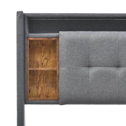 (=067980AAG)Polsterbett Doppelbett Stauraum-Kopfteil Bett mit aufladen USB und LED-Beleuchtung Bettgestell  Lattenrost aus Holz,160*200CM Grau(Ohne Matratze)