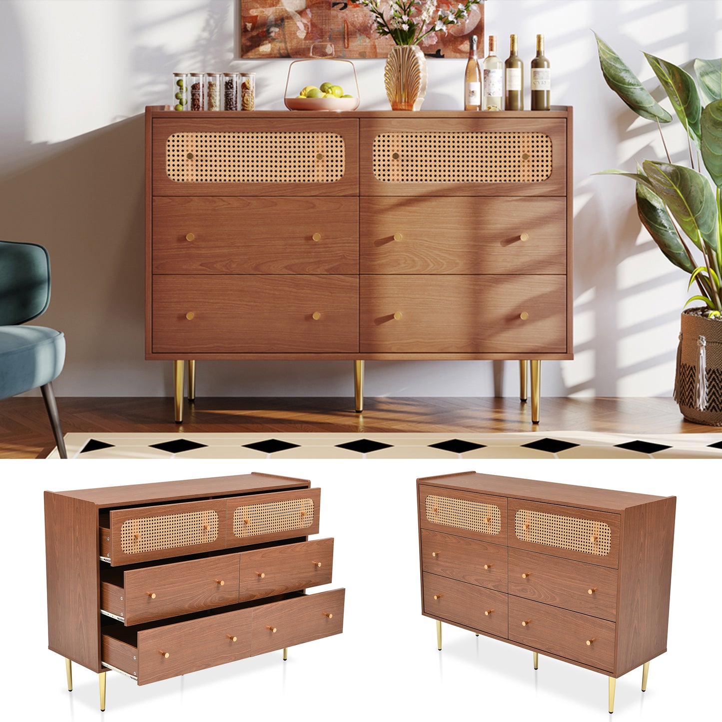 Gigab2b original image - Schubladenkommode Kommode mit 6 Schubladen, Rattan Sideboard Highboard für Schlafzimmer & alle Wohnräume , Nussbaum -H90/B120/T40 cm