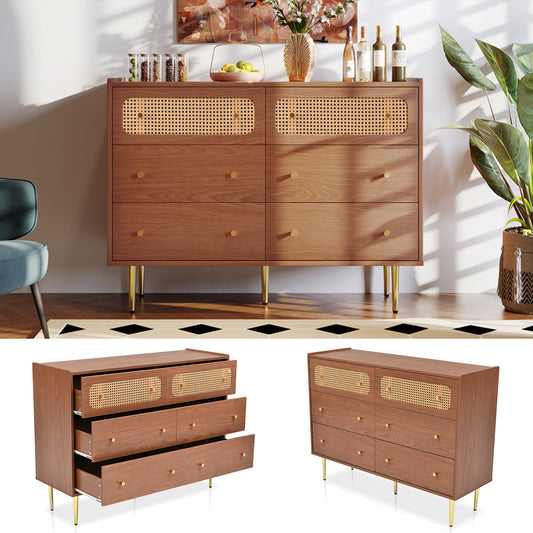 Gigab2b original image - Schubladenkommode Kommode mit 6 Schubladen, Rattan Sideboard Highboard für Schlafzimmer & alle Wohnräume , Nussbaum -H90/B120/T40 cm