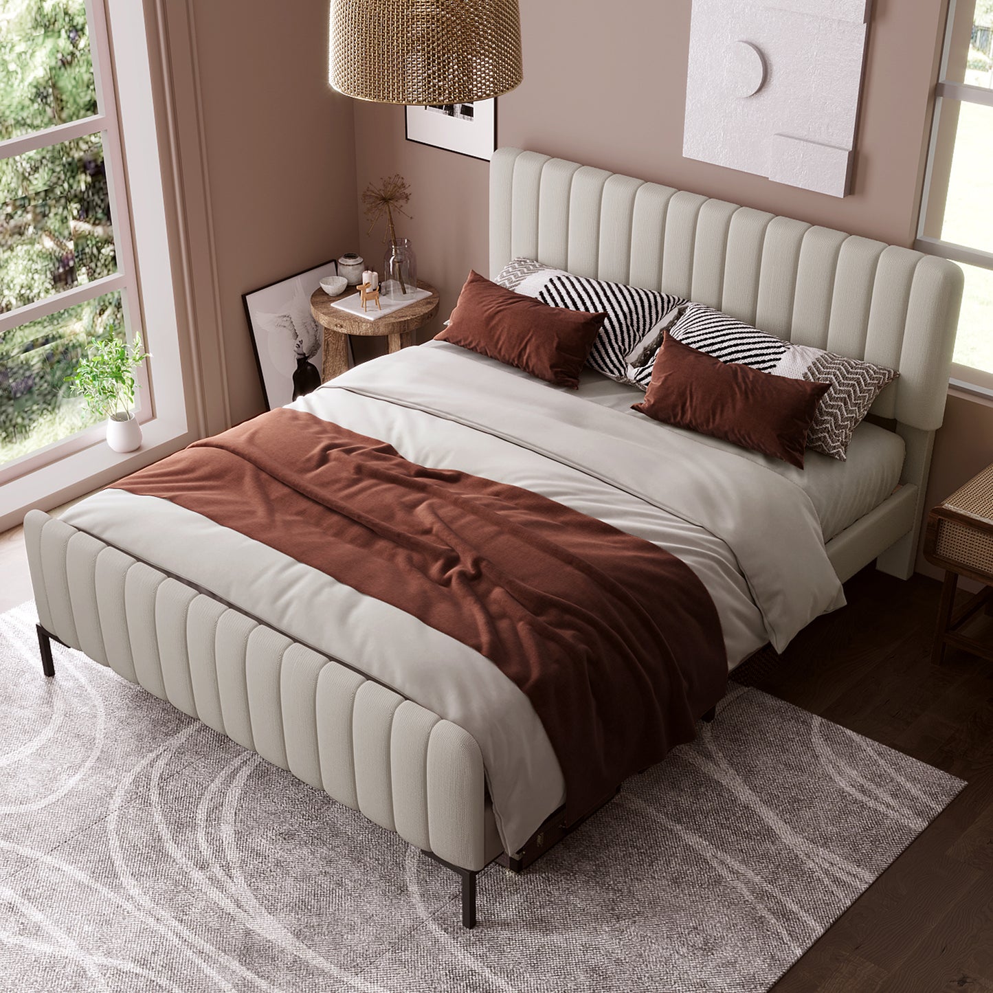 Gigab2b original image - Polsterbett Doppelbett 140 x 200 cm, Bettgestell mit Lattenrost und Verstellbares Kopfteil, Gepolstertes bett in Grau-Beige,Bettrahmen Jugendbett für Schlafzimmer Gästezimmer-Leinenmaterial