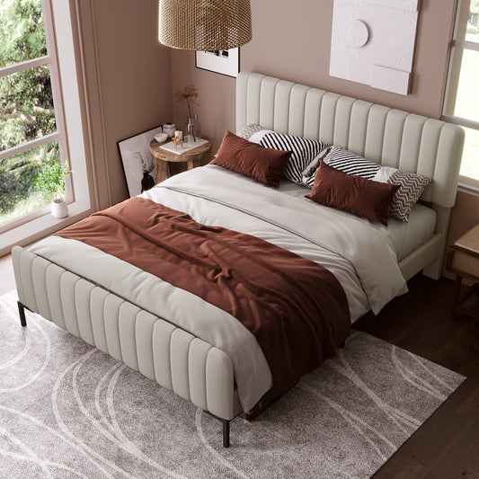 Gigab2b original image - Polsterbett Doppelbett 140 x 200 cm, Bettgestell mit Lattenrost und Verstellbares Kopfteil, Gepolstertes bett in Grau-Beige,Bettrahmen Jugendbett für Schlafzimmer Gästezimmer-Leinenmaterial